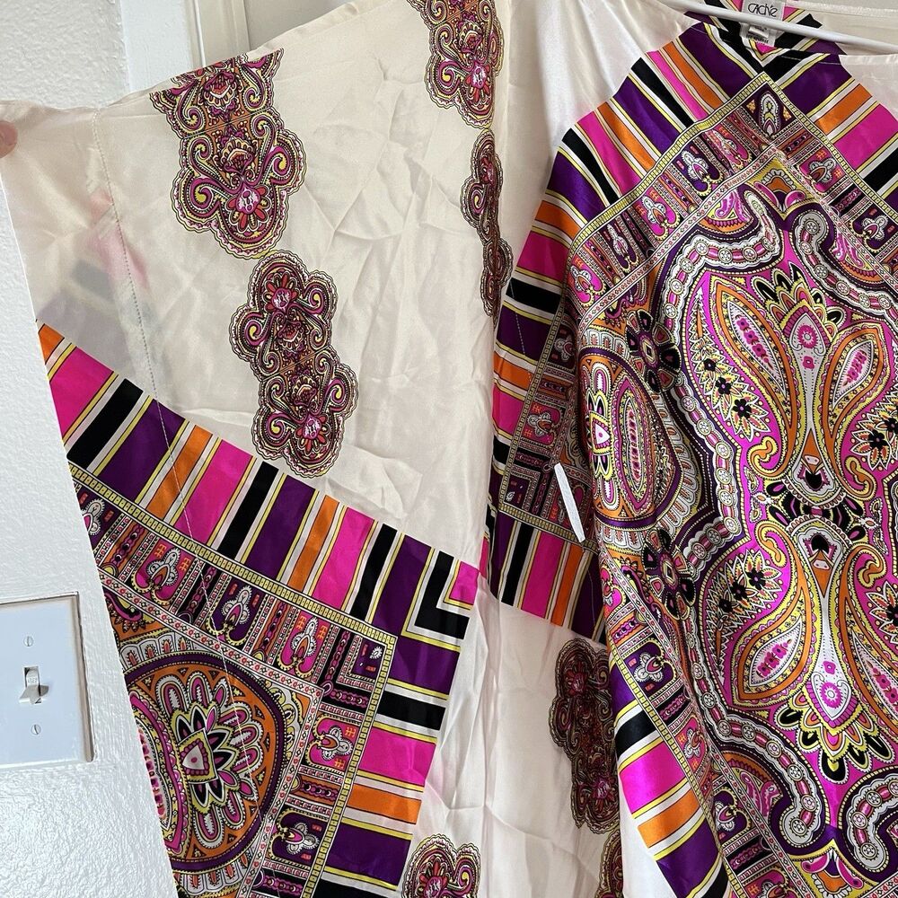 Vintage Cache 100% Silk Kaftan Dress Sz S Colorful NO BELT Boho - Picture 6 of 9
